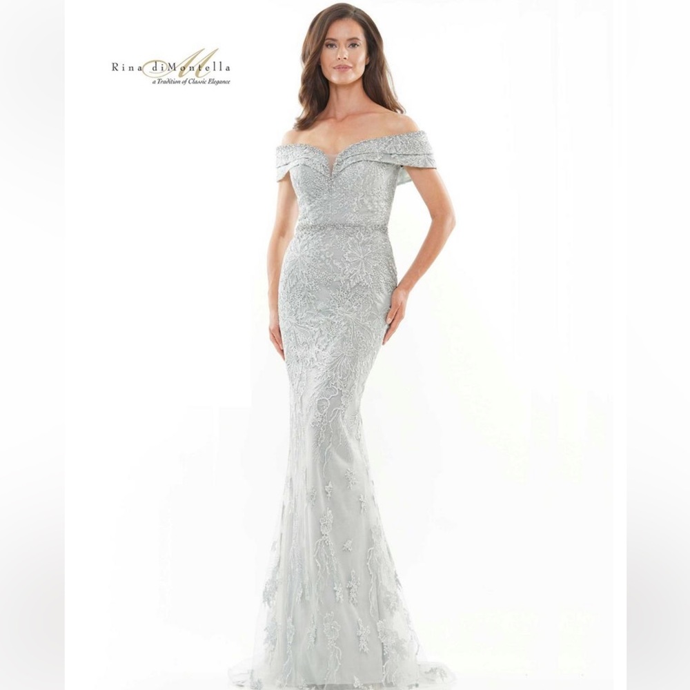 Rina Di Montella Gown in Seaglass color. Size 18